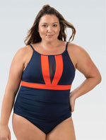 Women's Aquashape Navy and Pop Orange Color Block Moderate Boat Neck One Piece - Navy and Pop Orange Color Block Moderate Boat Neck front