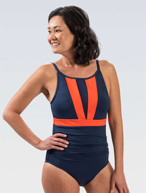 Women's Aquashape Navy and Pop Orange Color Block Moderate Boat Neck One Piece - Navy and Pop Orange Color Block Moderate Boat Neck multi