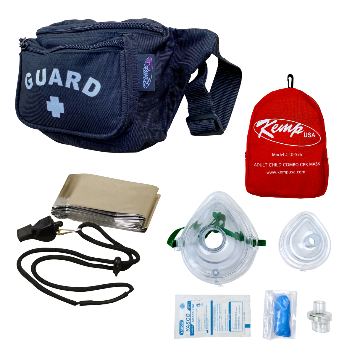 Kemp USA Hip Pack - with Lifeguard Essentials Supply Pack & Adult/Child & Infant CPR Mask, Black