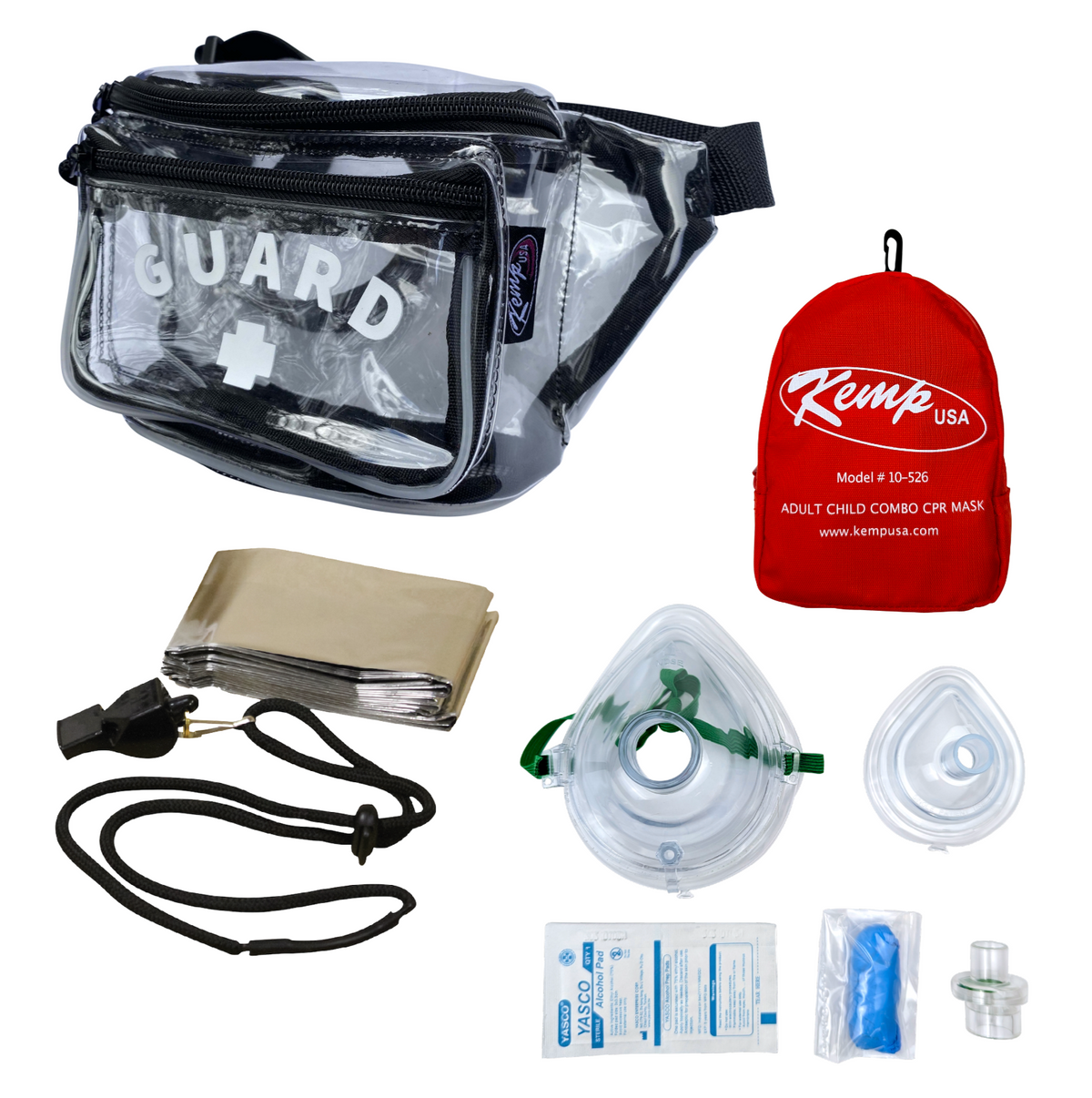Kemp USA Hip Pack - with Mesh Drain, GUARD Logo, Lifeguard Essentials Supply Pack & Adult/Child & Infant CPR Mask, Clear