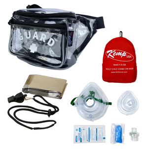 Kemp USA Hip Pack - with Mesh Drain, GUARD Logo, Lifeguard Essentials Supply Pack & Adult/Child & Infant CPR Mask, Clear