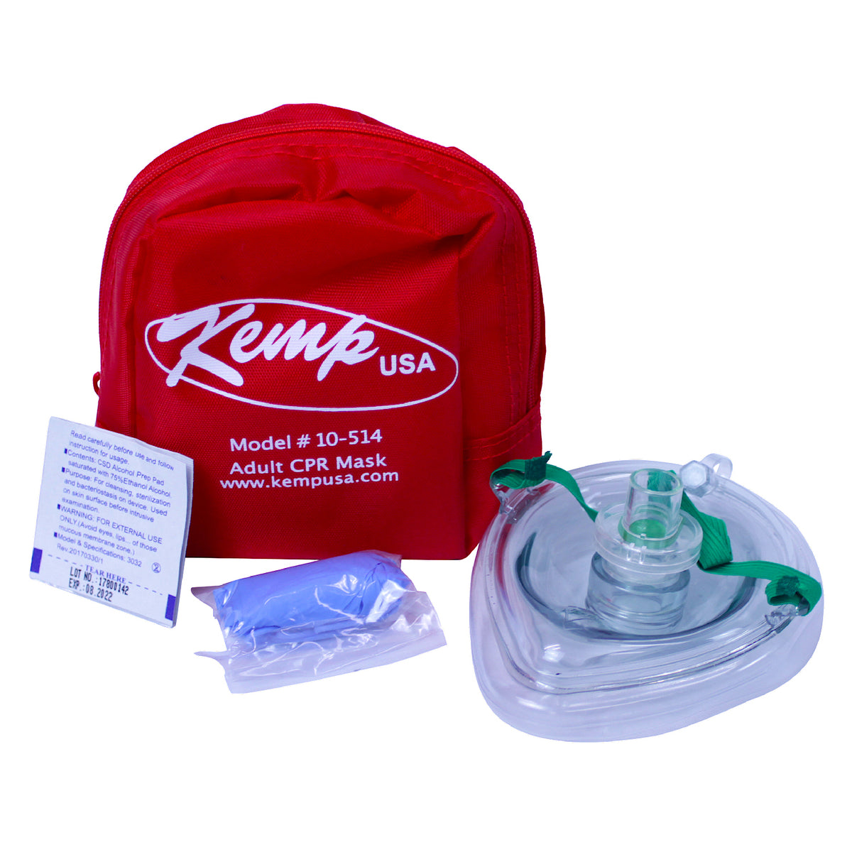 Kemp USA CPR Mask with O2 Inlet, Headstrap, Gloves - and Wipes in Soft Case Pouch