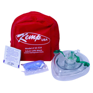 Kemp USA CPR Mask with O2 Inlet, Headstrap, Gloves - and Wipes in Soft Case Pouch