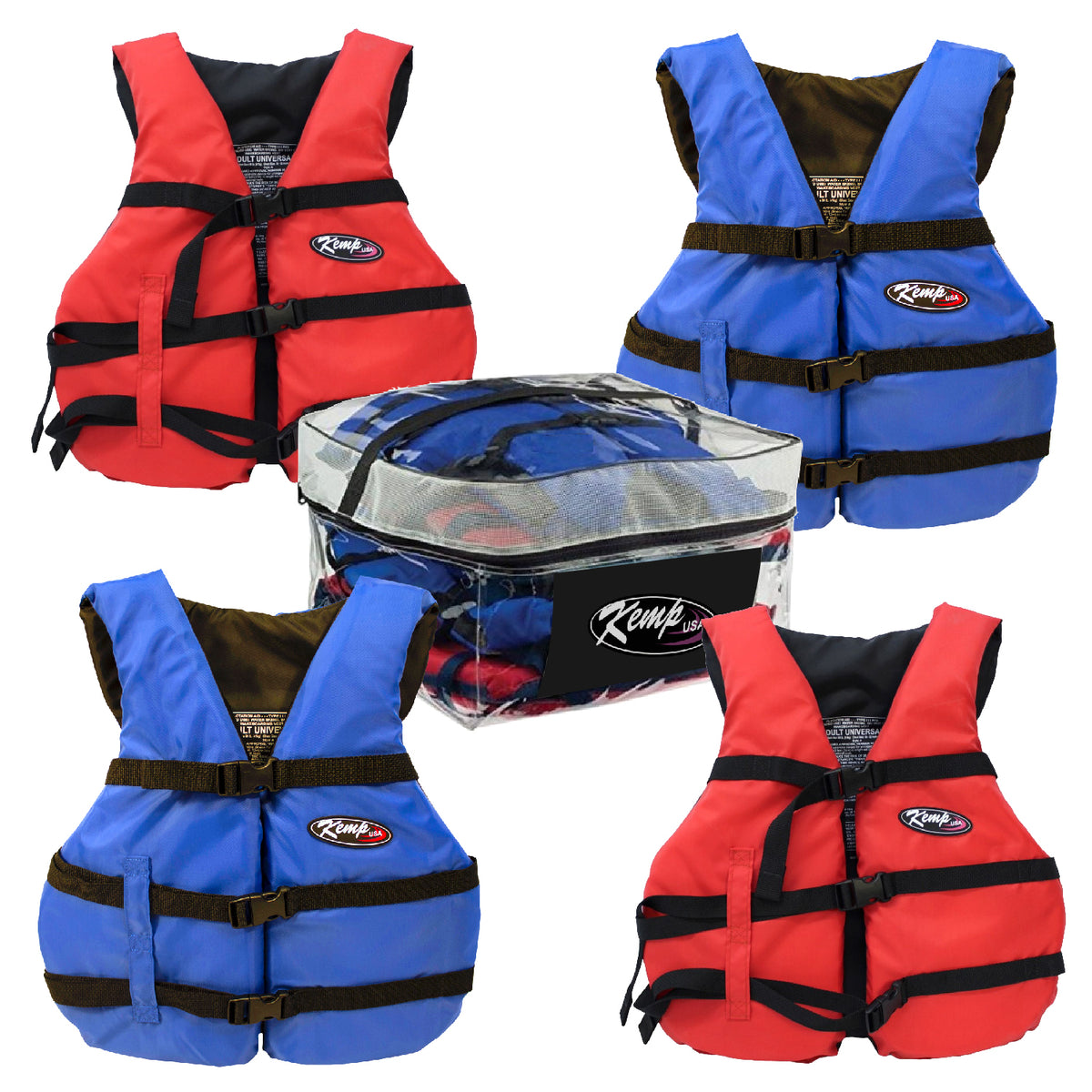 Kemp USA USGC Type - III PFD Life Jackets, 4-Pack in Carry Case, 2 Blue / 2 Red, Adult