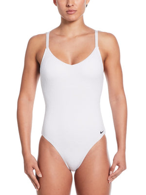 Nike Swim Women's Jacquard Texture V-Neck One Piece - White