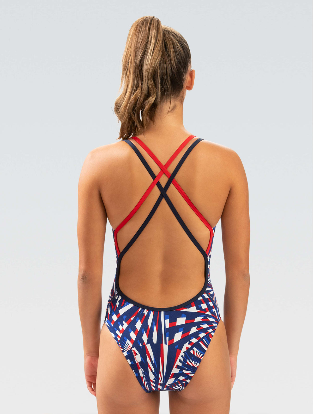 Reliance Women's Atomic Red, White, and Blue Double X Back One Piece - Atomic Red, White, and Blue back-model