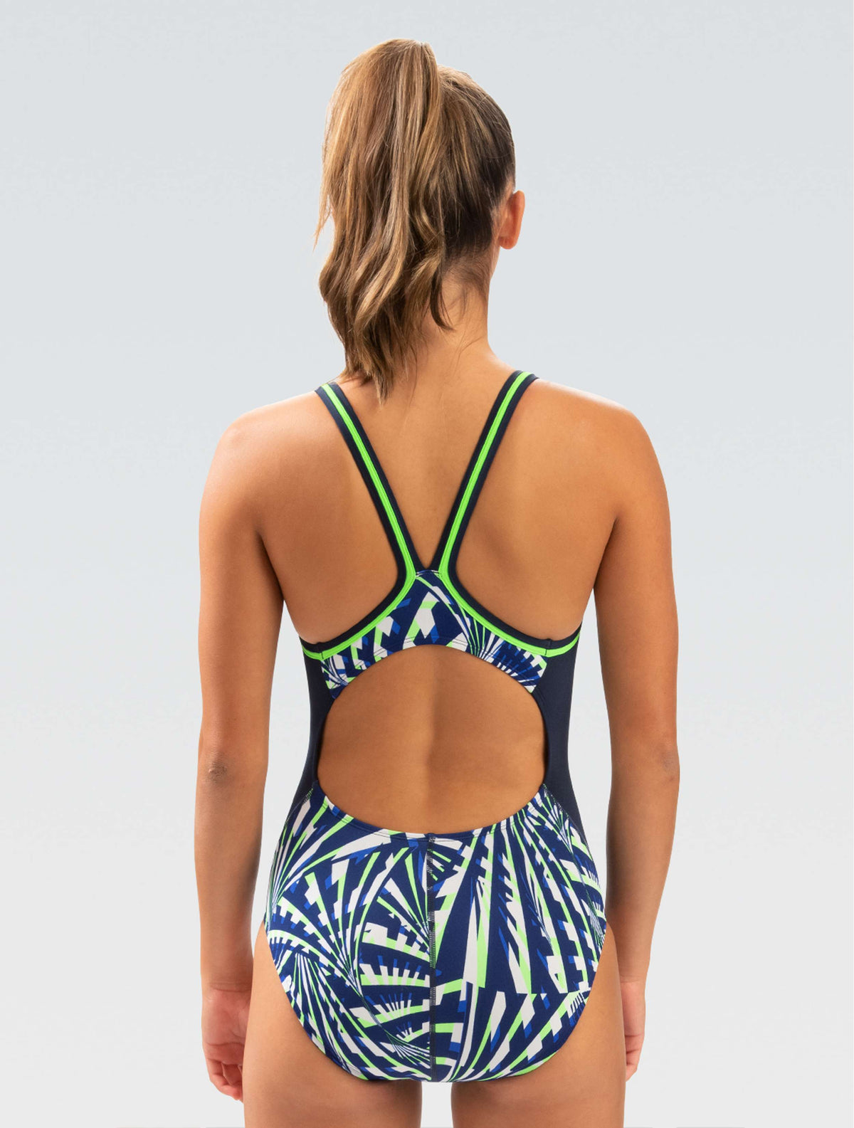 Reliance Women's Color Block Atomic Blue Green DBX Back One Piece - Atomic Blue Green back-model