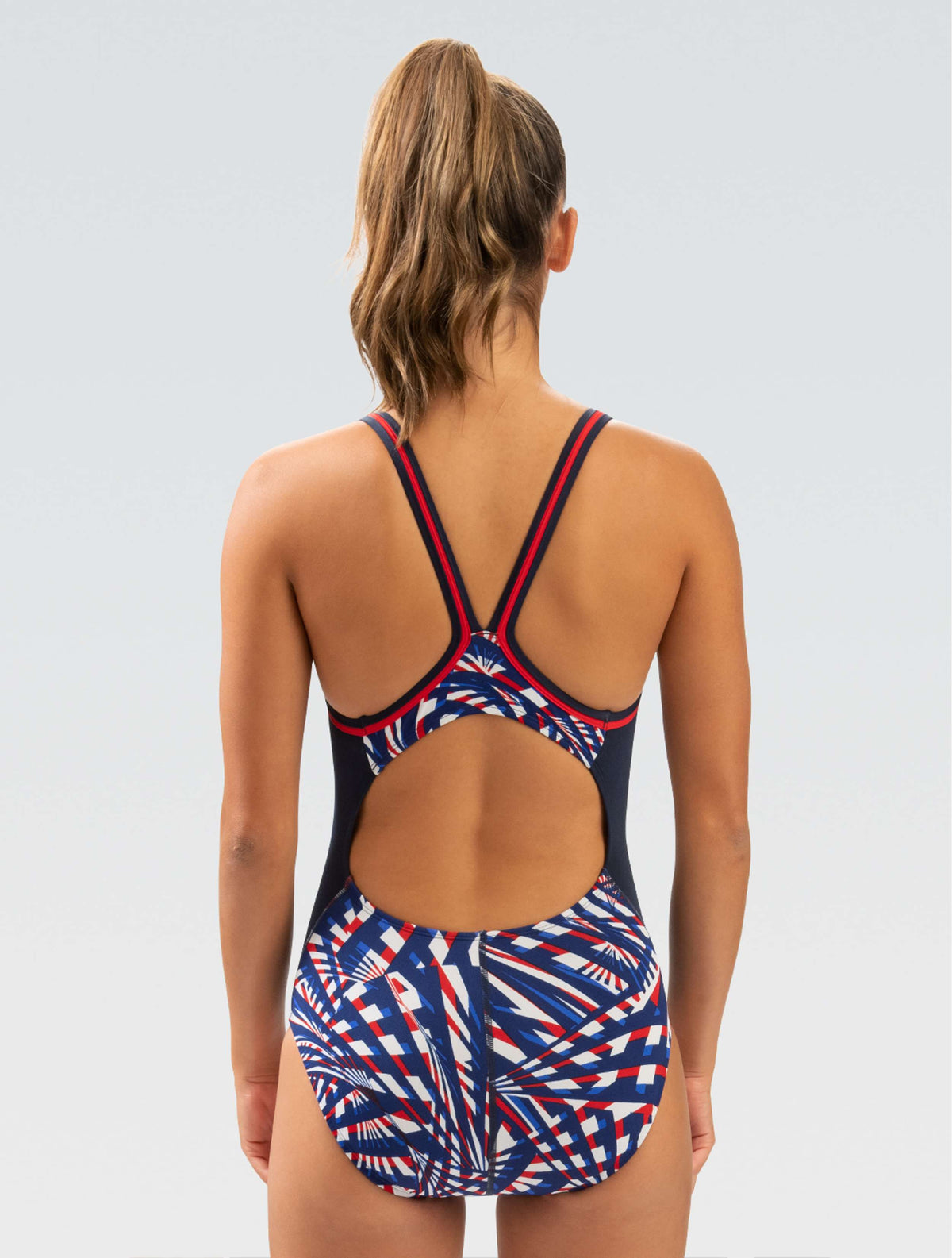 Reliance Women's Color Block Atomic Red, White, and Blue DBX Back One Piece - Atomic Red, White, and Blue back-model