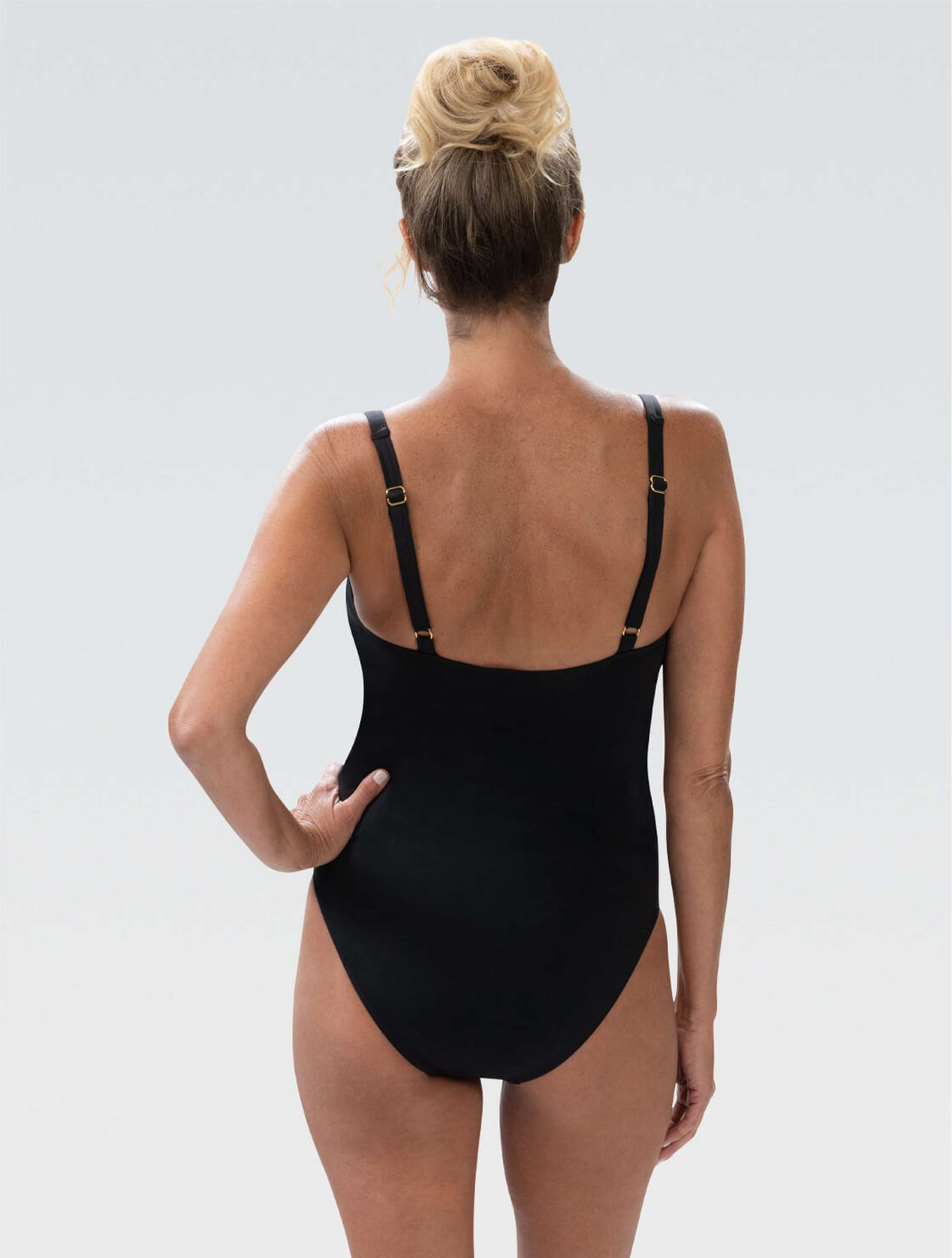 Women's Aquashape Black Moderate Square Neck One Piece - Black Moderate Square Neck back-model