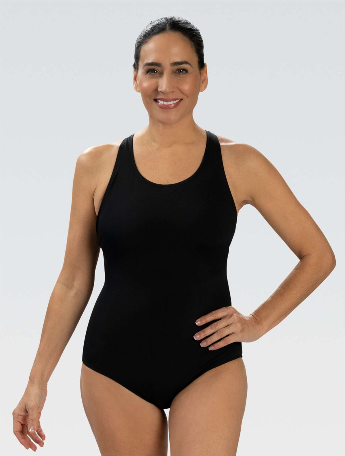 Women's Aquashape Black Scoop Neck Conservative One Piece - Black Scoop Neck front