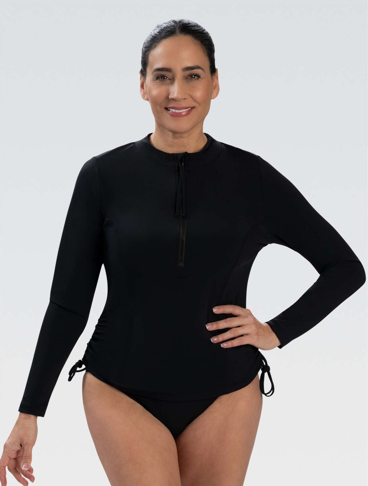 Women's Aquashape Black Side Ruched Rash Guard - Black Side Ruched front