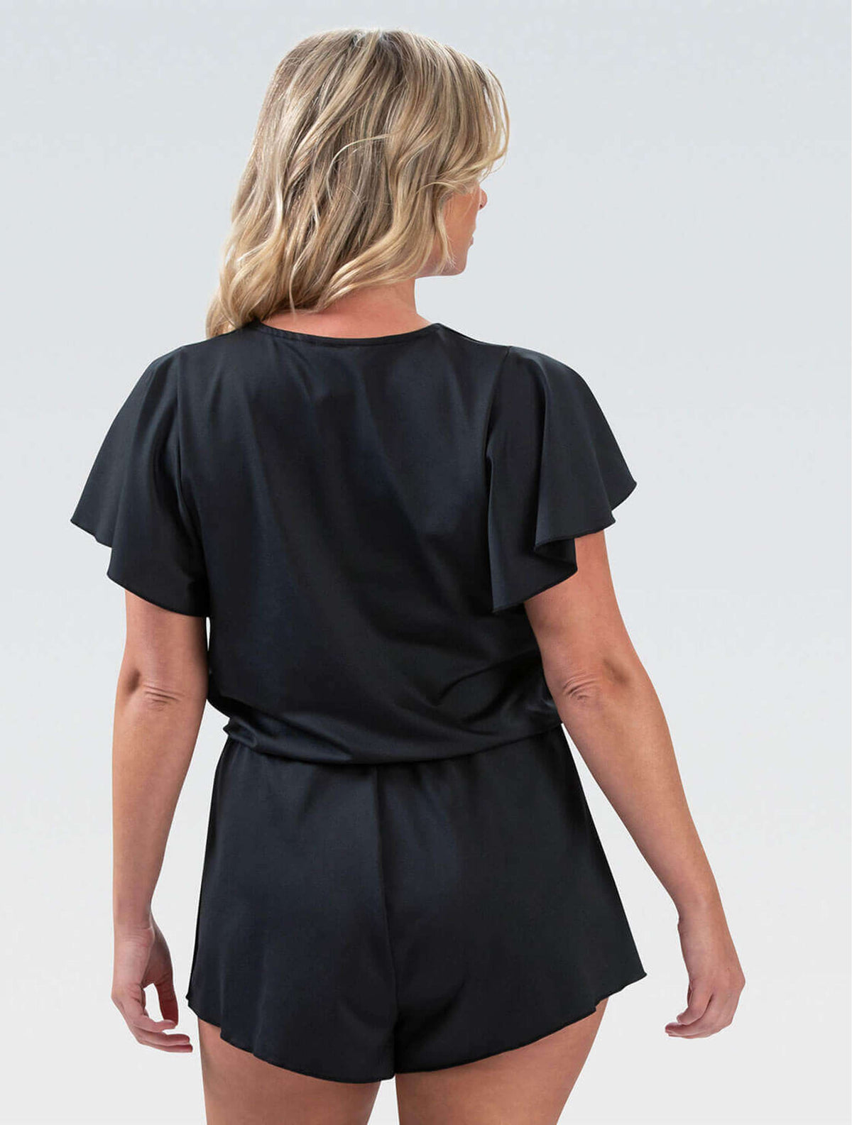 Women's Aquashape Black Surplice Front Swim Romper - Black Surplice Front Swim back