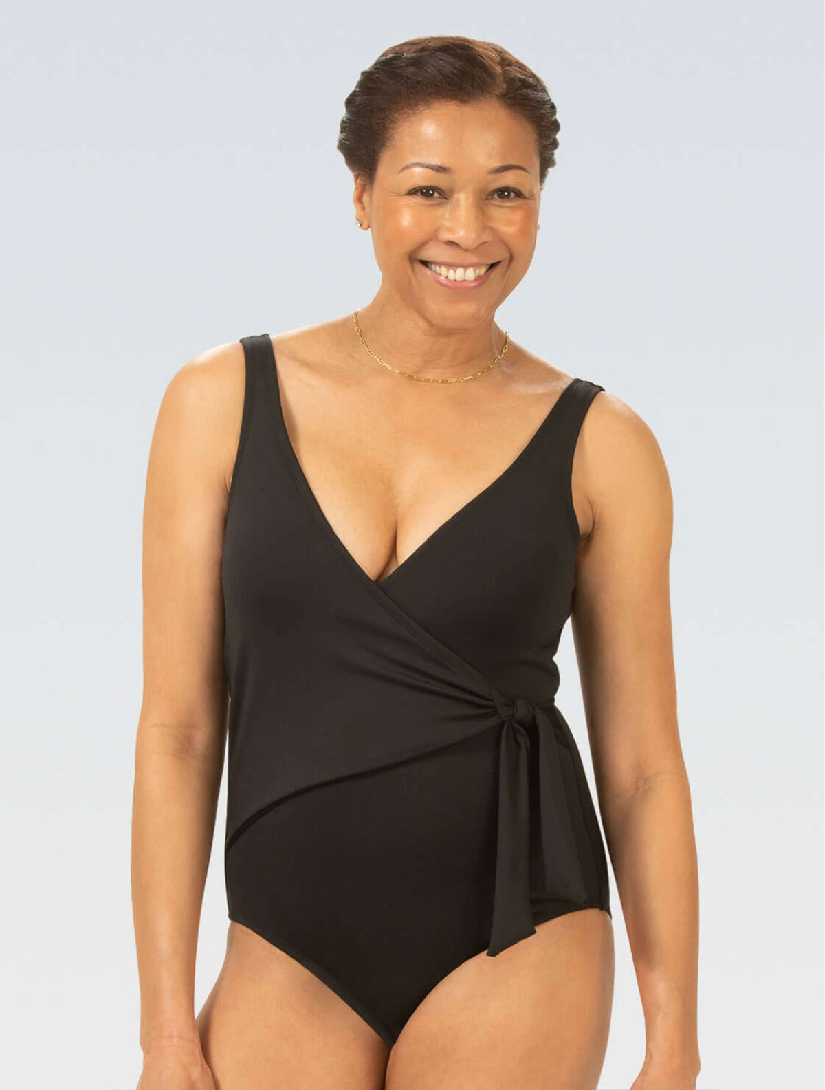 Women's Aquashape Black Wrap Front One Piece Swimsuit - Black front