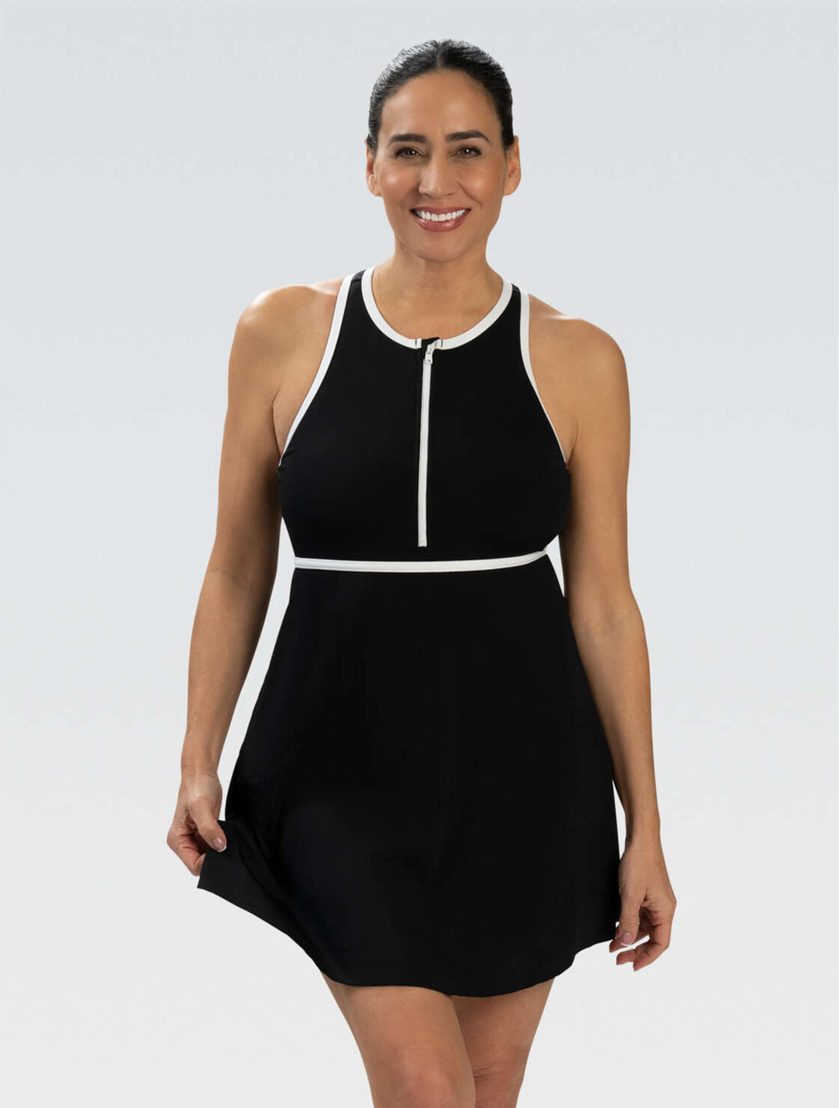 Women's Aquashape Black Zip Front Swim Dress - Black front