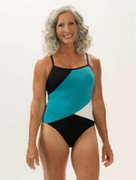 Women's Aquashape Black and Turquoise Color Blocked Moderate Front One Piece w/ Criss-Cross Straps - Black and Turquoise Color Blocked Moderate Front front