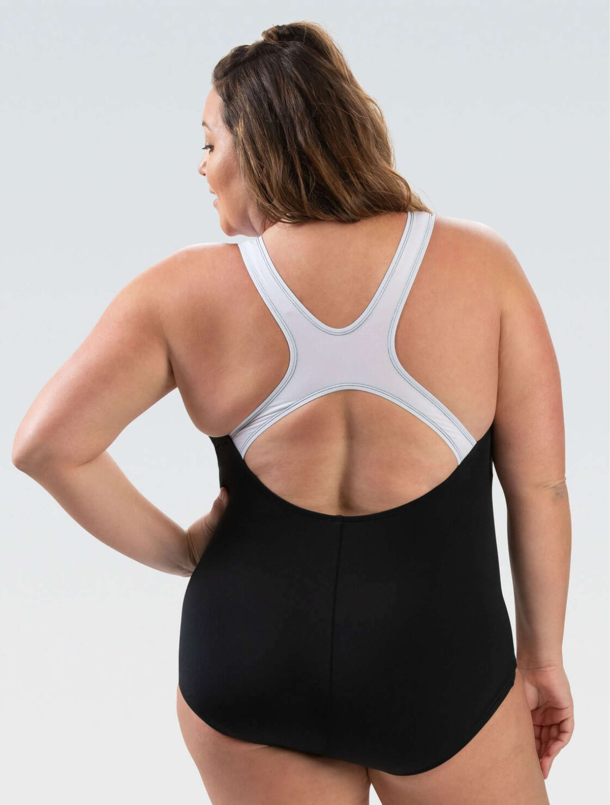 Women's Aquashape Black and White Color Block Conservative Lap Suit - Black and White Color Block Conservative Lap Suit back