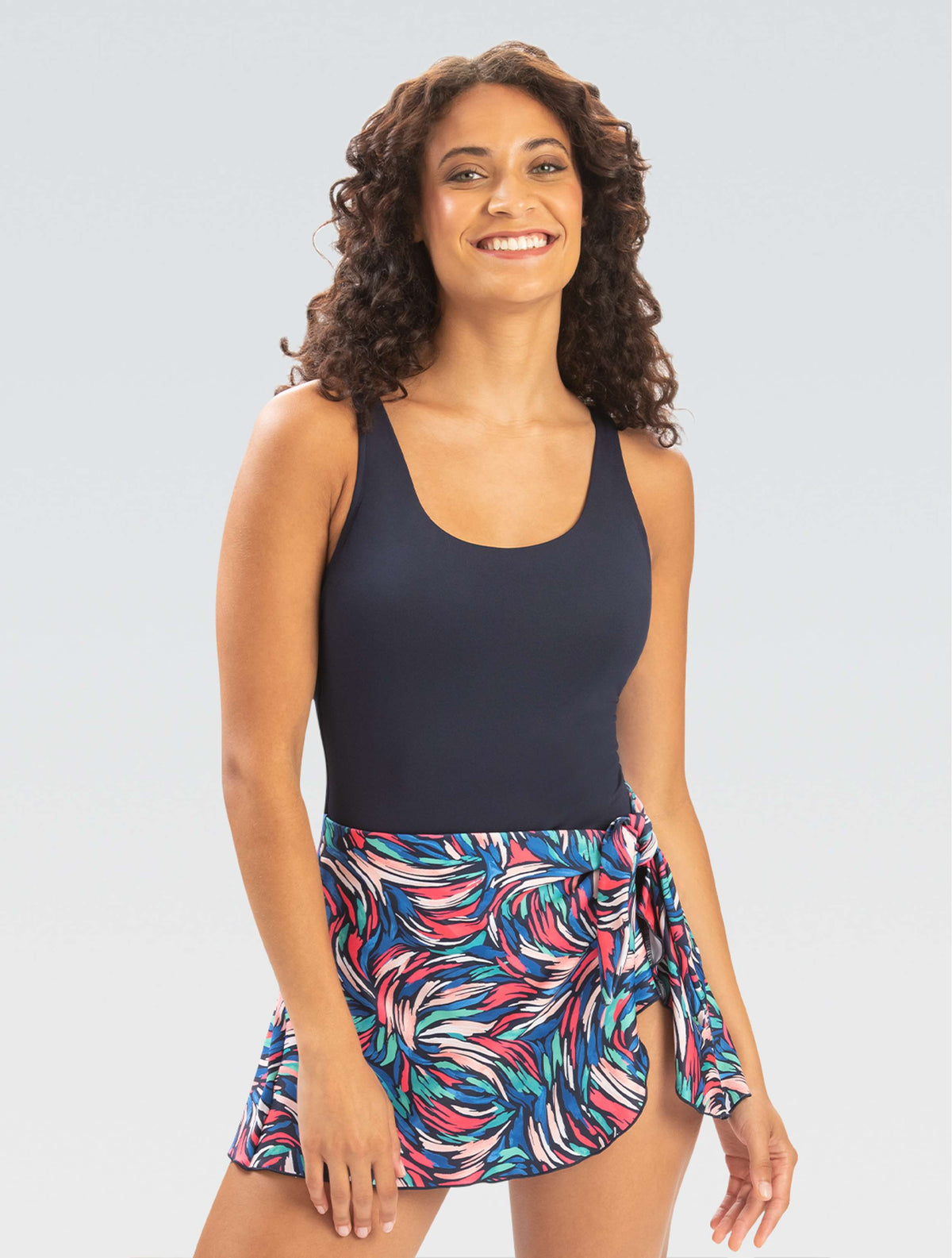 Women's Aquashape Bliss Printed Deep Scoop Neck Swim Dress with Attached Sarong Skirt - Bliss Printed Deep Scoop Neck front-model
