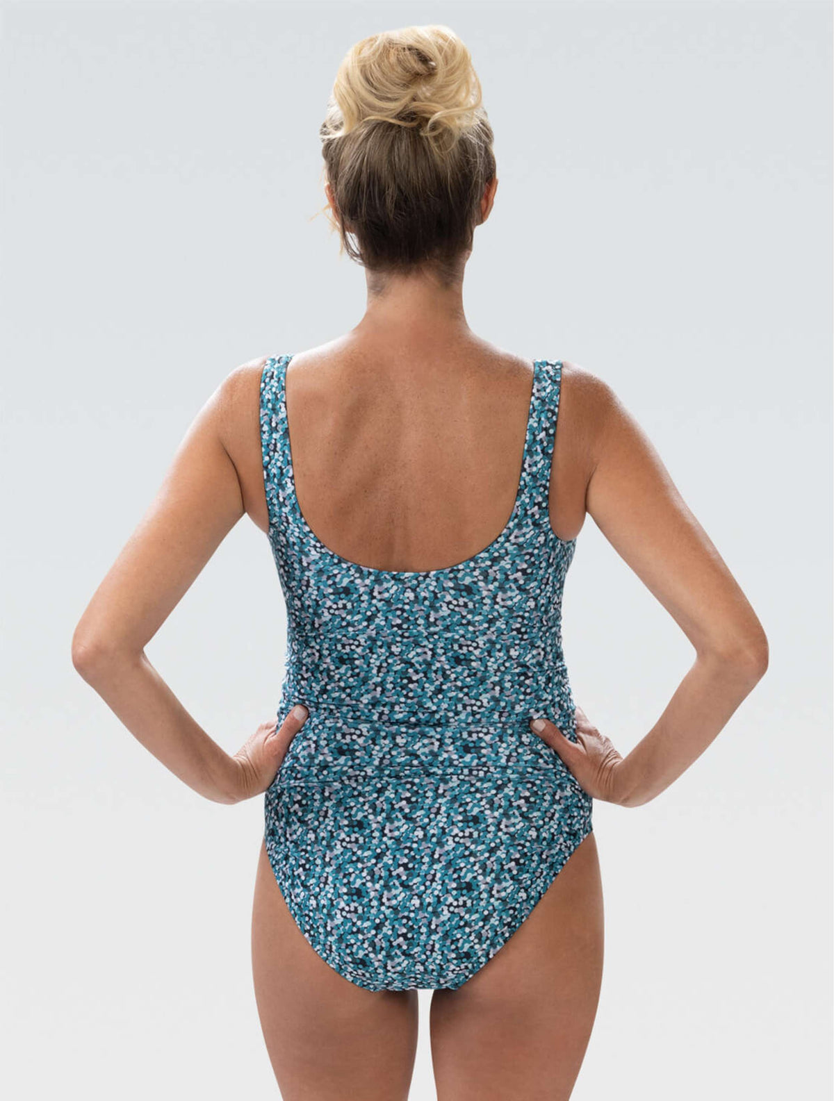 Women's Aquashape Dot Print Moderate Surplice Wrap Front One Piece - Dot Print Moderate Surplice back-model