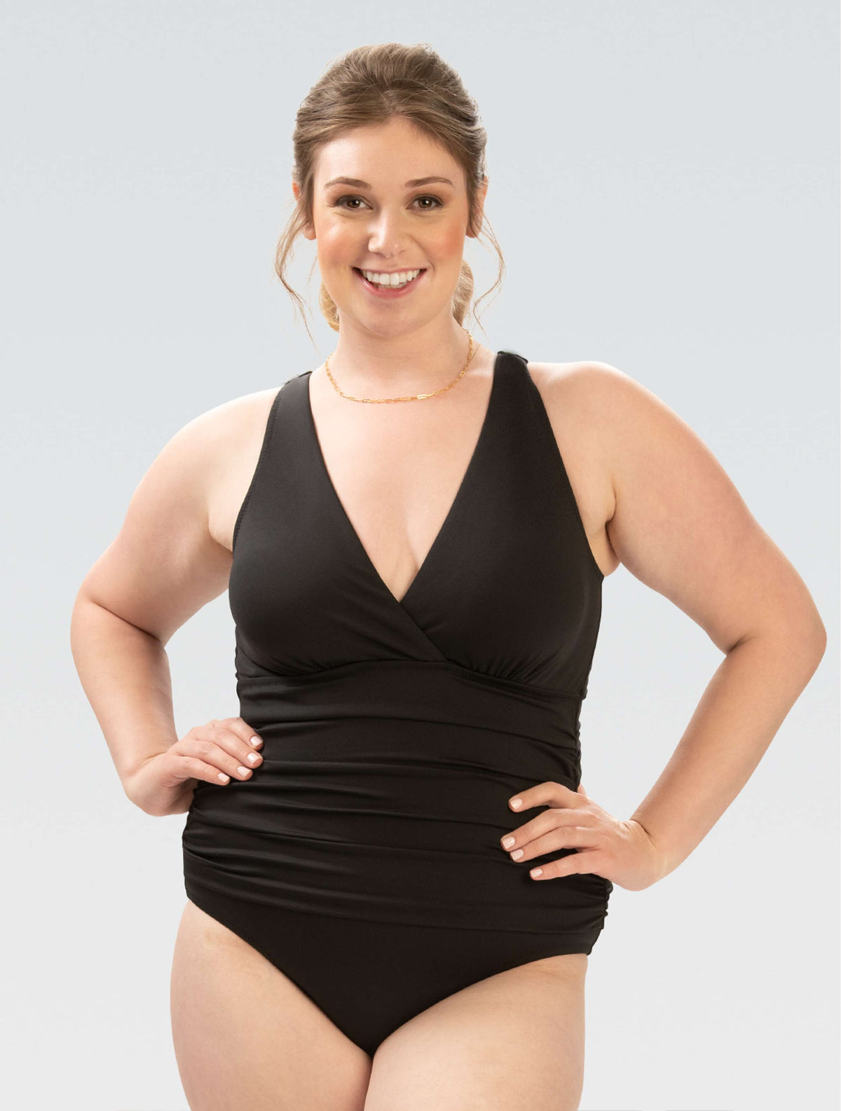 Women's Aquashape Moderate Surplice Wrap Front One Piece: Black - Surplice front-model