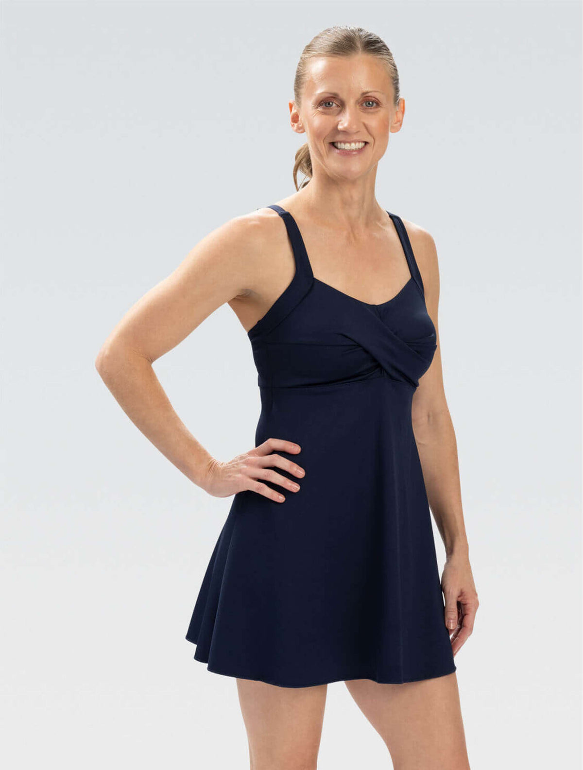 Women's Aquashape Navy Fit & Flare Swim Dress - Navy Fit & Flare front