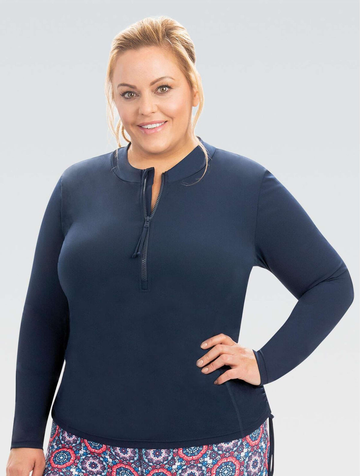 Women's Aquashape Navy Side Ruched Rash Guard - Navy Side Ruched front
