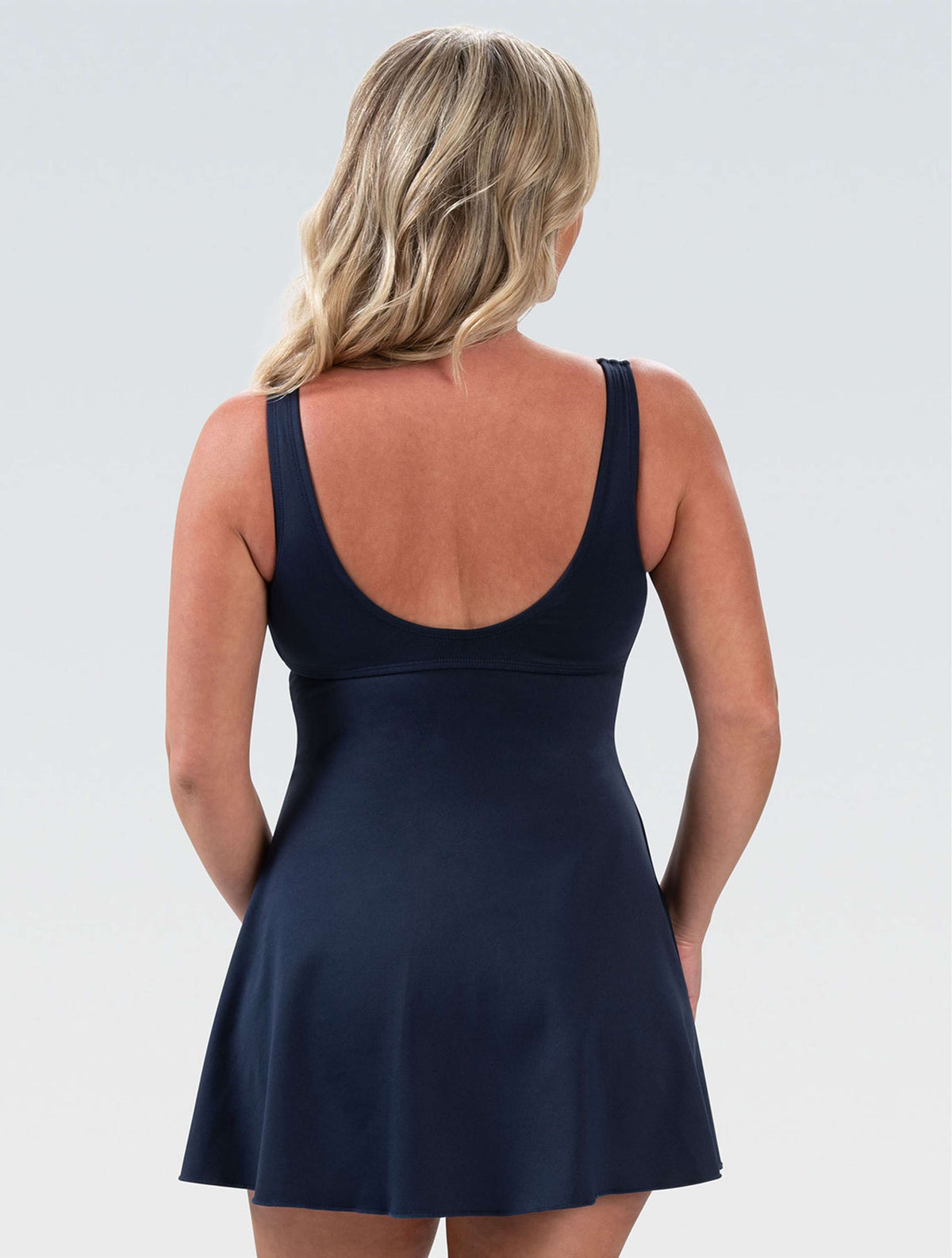 Women's Aquashape Navy and White Wrap Front Swim Dress - Navy and White back