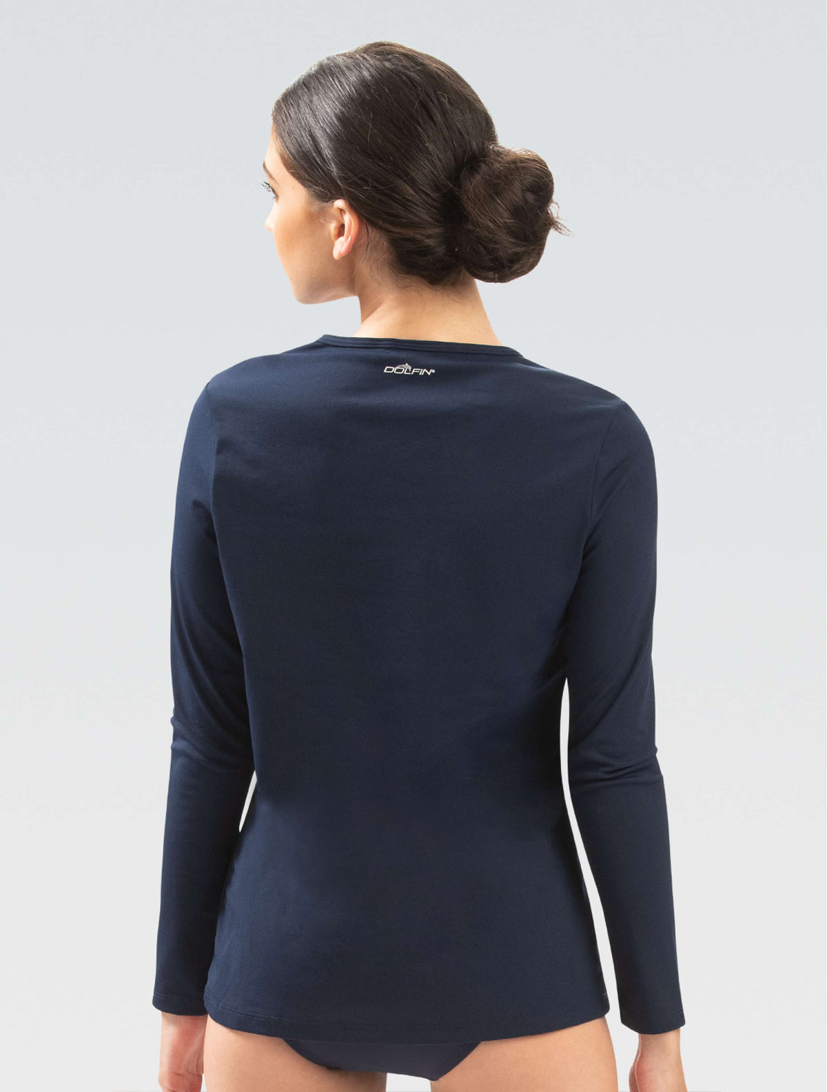 Women's Navy Crew Neck Long Sleeve Rash Guard - Navy Crew Neck back-model
